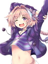 Rule 34 | 1boy, astolfo (fate), astolfo (memories at trifas) (fate), bad id, bad pixiv id, bow, braid, collarbone, commentary request, fang, fate/grand order, fate (series), hair bow, hair intakes, hair ribbon, jacket, long braid, long hair, looking at viewer, male focus, multicolored hair, navel, official alternate costume, pink hair, purple bow, purple eyes, purple jacket, ribbon, shirt, simple background, single braid, skin fang, skirt, solo, streaked hair, striped clothes, striped shirt, tihoro1609, trap, upper body, white background