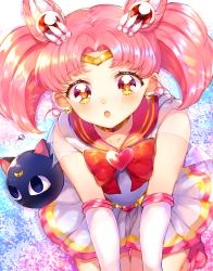 Rule 34 | 1girl, :o, bishoujo senshi sailor moon, blush, boots, bow, brooch, chibi usa, circlet, commentary request, cone hair bun, crescent, crescent earrings, earrings, elbow gloves, gloves, hair bun, hair ornament, heart, heart brooch, highres, jewelry, knee boots, looking at viewer, maria (maria0304), parted bangs, parted lips, pink footwear, pink hair, pleated skirt, red bow, red eyes, red sailor collar, sailor collar, see-through, see-through sleeves, shirt, short sleeves, sidelocks, skirt, twintails, white gloves, white shirt, white skirt