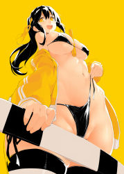 Rule 34 | 1girl, bad id, bad pixiv id, between breasts, bikini, black bikini, black hair, blush, breasts, cleavage, commentary request, from below, headband, highres, jacket, kekemotsu, large breasts, long hair, looking at viewer, looking down, navel, open clothes, open jacket, open mouth, original, ponytail, rod, side-tie bikini bottom, simple background, smile, solo, stomach, striped clothes, striped thighhighs, swimsuit, thighhighs, track jacket, untied bikini, yellow background, yellow eyes