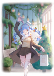 Rule 34 | 1girl, ;d, alternate costume, animal ear fluff, animal ears, arm up, bag, blue hair, braid, breasts, brown skirt, cardigan, carrot hair ornament, christmas, christmas tree, coat, feet out of frame, food-themed hair ornament, fur scarf, hair ornament, highres, hikimayu, holding, holding bag, hololive, long hair, miniskirt, miuni, multicolored hair, one eye closed, open mouth, orange eyes, pleated skirt, rabbit-shaped pupils, rabbit ears, shopping bag, short eyebrows, skindentation, skirt, small breasts, smile, solo, swept bangs, symbol-shaped pupils, thick eyebrows, trench coat, twin braids, twintails, two-tone hair, usada pekora, virtual youtuber, waving, white hair, white legwear