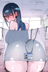 Rule 34 | 1girl, ass, blue hair, blurry, blurry background, blush, breasts, from behind, hair between eyes, heart, heart-shaped pupils, highres, id card, indoors, lanyard, large breasts, long hair, looking at viewer, looking back, nude, original, see-through silhouette, silhouette, solo, sweat, symbol-shaped pupils, takayama toshinori, thighs, yellow eyes