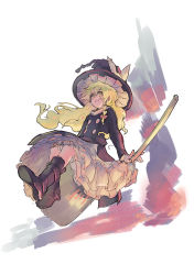 Rule 34 | 1girl, blonde hair, bloomers, boots, bow, braid, broom, broom riding, buttons, flat chest, hair bow, hat, jacket, kirisame marisa, long hair, long skirt, pisoshi, side braid, sidesaddle, skirt, smile, solo, touhou, underwear, upskirt, wavy hair, witch hat, yellow eyes