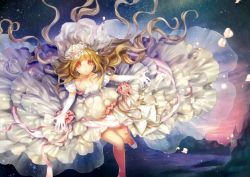 Rule 34 | 1girl, blonde hair, blush, bridal veil, dress, elbow gloves, gloves, long hair, looking at viewer, momoshiki tsubaki, original, outstretched arms, petals, red eyes, smile, solo, spread arms, veil, very long hair, wedding dress