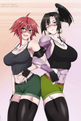 Rule 34 | 2girls, :d, ahoge, ass-to-ass, bare shoulders, belt, black hair, black legwear, black shirt, breasts, crossover, green eyes, heterochromia, high ponytail, jewelry, kunai zenow, large breasts, lindaroze, midriff, monster musume no iru nichijou, monster musume no oisha-san, multiple girls, navel, necklace, open mouth, orange eyes, patchwork skin, red hair, sharp teeth, shirt, short hair, short shorts, shorts, sleeveless, sleeveless shirt, smile, standing, stitches, teeth, thighhighs, trait connection, yellow eyes, zombie, zombina (monster musume)