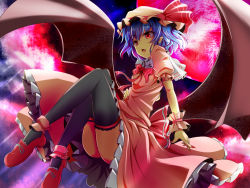 Rule 34 | 1girl, ankle cuffs, bat wings, black thighhighs, blue hair, dress, fang, female focus, fingernails, flying, fukunaga kazuhiro, full moon, hand on own hip, hat, highres, long fingernails, moon, nail polish, no panties, open mouth, red eyes, red moon, remilia scarlet, ribbon, short hair, solo, thighhighs, thighs, touhou, wallpaper, wings, wrist cuffs