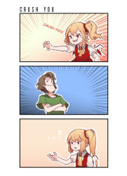 Rule 34 | 1boy, 1girl, 3koma, ascot, blonde hair, brown hair, comic, crossed arms, crossover, emphasis lines, english text, facial hair, flandre scarlet, green shirt, highres, meme, pointy ears, red eyes, scooby-doo, shaggy rogers, shirt, short hair, short sleeves, side ponytail, stubble, t-shirt, touhou, wings, yoruny
