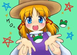 Rule 34 | 1girl, absurdres, aqua background, blonde hair, blue eyes, blush, frog, hair ornament, hair ribbon, hat, highres, johnny (seek as 1990sp), looking at viewer, moriya suwako, mountain of faith, open mouth, outstretched hand, red ribbon, ribbon, short hair, simple background, smile, solo, star (symbol), teal background, touhou, translated