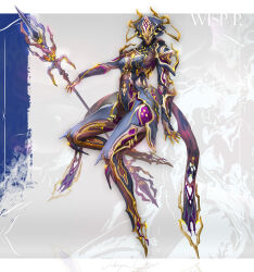 Rule 34 | 1girl, absurdres, artist name, blank eyes, bodysuit, character name, cleavage cutout, clothing cutout, commentary, english commentary, floating, full body, gold trim, headgear, highres, holding, holding polearm, holding weapon, looking at viewer, polearm, signature, solo, takaya lee, warframe, weapon, wisp (warframe), wisp prime (warframe), yellow eyes