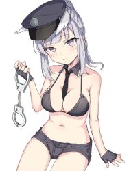 Rule 34 | 1girl, animal ears, bad id, bad twitter id, bare arms, bare shoulders, between breasts, bikini, black bikini, black gloves, black hat, black shorts, breasts, cleavage, closed mouth, cuffs, detached collar, expressionless, fingerless gloves, gloves, halterneck, handcuffs, hat, holding, long hair, looking at viewer, medium breasts, micro shorts, navel, necktie, open fly, original, peaked cap, police hat, ponytail, purple eyes, ryuinu, shorts, sidelocks, simple background, sitting, solo, stomach, string bikini, swimsuit, thighs, white background, white hair, wolf ears