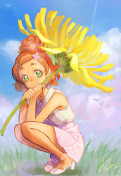 Rule 34 | 1girl, bad id, bad pixiv id, bird, blue sky, closed mouth, cloud, clover hair ornament, collared shirt, day, flower, full body, go! princess precure, green eyes, hair ornament, haruno haruka, high heels, holding, holding flower, jj (ssspulse), looking at viewer, miniskirt, orange hair, outdoors, parted bangs, pink skirt, precure, sandals, shirt, short hair, skirt, sky, sleeveless, sleeveless shirt, smile, solo, squatting, white shirt, wing collar, yellow flower