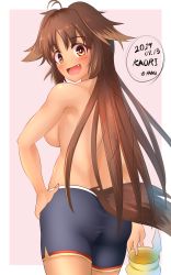 Rule 34 | 1girl, 2019, absurdres, ahoge, animal ears, artist name, ass, b-pang, back, backboob, blush, border, breasts, brown eyes, brown hair, character name, dated, dog ears, dog tail, fang, hand on own hip, highres, holding, kaori (princess connect!), large breasts, long hair, looking at viewer, looking back, open mouth, outside border, pink background, princess connect!, shorts, simple background, smile, solo, standing, tail, topless, white border