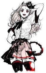 Rule 34 | 1girl, absurdres, aged down, blush, dahlio, dorohedoro, earrings, formal, gloves, highres, jewelry, long hair, looking at viewer, noi (dorohedoro), open mouth, red eyes, simple background, skirt, smile, solo, tail, white background, white hair