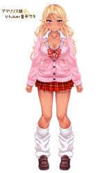 Rule 34 | 1girl, amaryllis gumi, bare legs, blonde hair, blush, breasts, cleavage, dark-skinned female, dark skin, earrings, fang, full body, gyaru, hair ornament, hairclip, highres, jewelry, large breasts, long hair, looking at viewer, naughty face, official art, ouga saki, school uniform, shiny skin, shoes, skirt, smile, standing, translation request, virtual youtuber