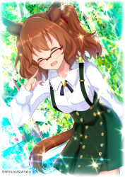 Rule 34 | 1girl, absurdres, alternate costume, animal ears, aston machan (umamusume), bespectacled, breasts, brown hair, buttons, closed eyes, cowboy shot, double-breasted, dress, glasses, green dress, highres, himura moritaka, horse ears, horse girl, horse tail, large breasts, long sleeves, open mouth, pointing, pointing at self, semi-rimless eyewear, shirt, short hair, smile, solo, tail, twitter username, umamusume, white shirt