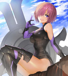Rule 34 | 1girl, absurdres, black gloves, blue sky, breasts, cloud, day, elbow gloves, fate/grand order, fate (series), gloves, hair over one eye, hand up, highres, large breasts, mash kyrielight, open mouth, pink hair, purple eyes, purple gloves, shield, short hair, sitting, sky, smile, solo, teeth, thighs, two-tone gloves, upper teeth only, yuu kisetu bi