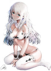 Rule 34 | 1girl, arm garter, bare shoulders, between legs, black panties, blush, bra, breasts, cleavage, commentary request, eyelashes, full body, fur collar, green eyes, hair between eyes, halterneck, haori io, head tilt, highres, large breasts, long hair, looking at viewer, messy hair, nail polish, navel, no shoes, original, panties, sidelocks, signature, silver hair, simple background, sitting, solo, stomach, thighhighs, underwear, underwear only, v arms, wariza, white background, white bra, white thighhighs, wrist cuffs