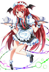 Rule 34 | 1girl, :d, adapted costume, alternate costume, apron, blush, bobby socks, collared shirt, cup, dress, e.o., enmaided, frilled skirt, frilled sleeves, frills, head wings, highres, knees together feet apart, koakuma, loafers, long hair, maid, maid apron, maid headdress, necktie, open mouth, puffy short sleeves, puffy sleeves, red eyes, red hair, red necktie, shirt, shoes, short sleeves, skirt, smile, socks, solo, teacup, teapot, touhou, tray, very long hair, vest, wings, wrist cuffs