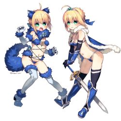 Rule 34 | 2girls, ahoge, alternate costume, animal ears, armor, armored boots, artoria pendragon (all), artoria pendragon (fate), ass, bikini, blonde hair, blue bow, blue ribbon, blush, boots, bow, braiding hair, breasts, capelet, cosplay, elbow gloves, elizabeth bathory (fate), elizabeth bathory (fate/extra ccc), excalibur (fate/stay night), fate/grand order, fate (series), fur trim, gloves, green eyes, hair ornament, hair ribbon, hairdressing, halloween costume, highres, looking at viewer, mash kyrielight, mash kyrielight (dangerous beast), mash kyrielight (dangerous beast) (cosplay), multiple girls, nabenko, navel, official alternate costume, open mouth, ribbon, saber (fate), shin guards, simple background, swimsuit, sword, tail, thigh gap, tiara, twitter username, weapon, white background