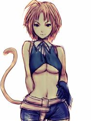 Rule 34 | 00s, 1girl, :3, blonde hair, breasts, final fantasy, final fantasy ix, fumio (rsqkr), genderswap, genderswap (mtf), gloves, large breasts, looking at viewer, midriff, monkey, monkey girl, naughty face, shorts, solo, tail, underboob, zidane tribal