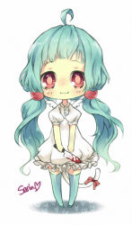 Rule 34 | 1girl, :3, ahoge, aqua hair, blood, blue hair, cat tail, chibi, frills, green thighhighs, highres, knife, long hair, ninapon, original, red eyes, simple background, smile, solo, tail, thighhighs, twintails, wings, yandere