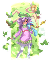 Rule 34 | 00s, 1boy, 1girl, blonde hair, bow (weapon), creature, forehead jewel, full body, green background, green footwear, hat, highres, leaf, long hair, meredy (tales), nijigami rin, pantyhose, pink shirt, purple eyes, purple hair, quickie (tales), shirt, shoes, shorts, sleeveless, sleeveless shirt, smile, strapless, strapless shirt, sylph (tales), tales of (series), tales of eternia, tan, twintails, weapon, white pantyhose