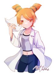 Rule 34 | 1girl, absurdres, breasts, closed mouth, collarbone, denim, highres, jeans, lab coat, long hair, looking at viewer, natsume (saru getchu), navel, orange eyes, orange hair, pants, paper, saru getchu, short twintails, simple background, solo, supure647, twintails, white background