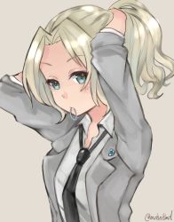 Rule 34 | 1girl, adjusting hair, alternate hairstyle, arms behind head, arms up, black necktie, blazer, blonde hair, blue eyes, blush, brown background, commentary, dress shirt, emblem, girls und panzer, grey jacket, hair intakes, hair tie in mouth, hair up, jacket, kay (girls und panzer), light blush, lips, long hair, long sleeves, looking at viewer, loose necktie, mouth hold, necktie, one-hour drawing challenge, ponytail, saunders school uniform, school uniform, seo kichi, shirt, simple background, sleeves rolled up, solo, standing, twitter username, upper body, white shirt, wing collar