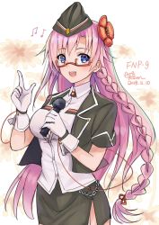 Rule 34 | 1girl, black skirt, blue eyes, blush, braid, breasts, buttons, chain, character name, dated, flower, fnp-9 (girls&#039; frontline), garter straps, girls&#039; frontline, glasses, gloves, hair flower, hair ornament, hands up, hat, holding, holding microphone, kevn, large breasts, long hair, looking at viewer, low-tied long hair, microphone, military, military hat, military uniform, musical note, open mouth, pink hair, red-framed eyewear, short sleeves, sidelocks, signature, single braid, skirt, solo, teeth, thighs, uniform, upper teeth only, white garter straps, white gloves