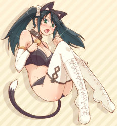 Rule 34 | 10s, 1girl, animal ears, bell, black bra, black hair, black panties, boots, bra, breasts, cat ears, cat tail, cleavage, collar, detached sleeves, diagonal stripes, e20, fake animal ears, fang, green eyes, hair ribbon, hairband, isuzu (kancolle), jingle bell, kantai collection, knee boots, neck bell, open mouth, panties, paw pose, ribbon, solo, striped, striped background, sweat, tail, thighhighs, twintails, underwear, underwear only, wavy mouth, white thighhighs