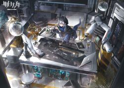 Rule 34 | 1girl, absurdres, adjustable wrench, arknights, blue eyes, blue hair, blue jacket, box, candy, computer, detached hood, food, food in mouth, from above, glaucus (arknights), grey hair, gun, highres, holding, holding wrench, hood, hood up, indoors, jacket, keyboard (computer), laptop, lollipop, monitor, multicolored hair, scenery, science fiction, slug girl, solo, stool, streaked hair, table, weapon, wrench, zeklewa