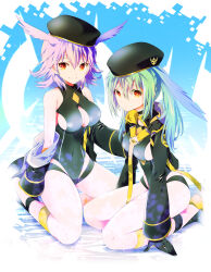 Rule 34 | 2girls, absurdres, bare shoulders, beret, black gloves, black headwear, black jacket, black one-piece swimsuit, blush, breasts, cleavage, cleavage cutout, clothing cutout, covered navel, fate/grand order, fate (series), gloves, green hair, hat, head wings, highleg, highleg swimsuit, highres, hildr (fate), hildr (swimsuit assassin) (fate), ichizen (o tori), jacket, jacket partially removed, large breasts, long hair, long sleeves, looking at viewer, medium hair, multiple girls, olrun (fate), one-piece swimsuit, open clothes, open jacket, pink hair, red eyes, siblings, sisters, smile, swimsuit, twintails, valkyrie (fate), wings