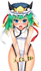 Rule 34 | &gt;:o, 1girl, :o, alternate costume, blue eyes, blush, breasts, chinese clothes, colored eyelashes, cowboy shot, daichi (tokoya), dress, eyebrows, frills, gradient hair, green hair, hair between eyes, hat, highres, hip focus, leaning forward, looking at viewer, multicolored hair, open mouth, pelvic curtain, print dress, rod of remorse, shiki eiki, sleeveless, sleeveless dress, small breasts, solo, tokoya, touhou, v-shaped eyebrows, white dress