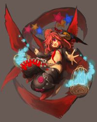 Rule 34 | bad id, bad pixiv id, balloon, black cloak, black hat, cage, capelet, cloak, fang, glowing, grey background, hair between eyes, hat, highres, last period, long hair, navel, necktie, open mouth, osobachan, pink eyes, red footwear, red hair, red neckwear, scar, shaded face, simple background, smile, zipper