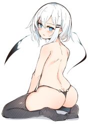 Rule 34 | 1girl, ass, black panties, black thighhighs, blue eyes, blush, from behind, hair ornament, hairclip, highres, legs, looking at viewer, looking back, no shoes, o-ring, open mouth, original, otokuyou, panties, ringo-chan (otokuyou), simple background, sitting, soles, solo, thighhighs, thong, topless, underwear, wariza, white background, white hair
