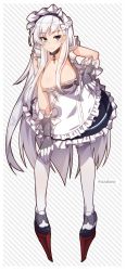 Rule 34 | 1girl, :3, apron, azur lane, belfast (azur lane), blush, breasts, broken, broken chain, chain, closed mouth, collar, dress, frilled dress, frills, full body, gloves, grey gloves, hair between breasts, highres, large breasts, leaning forward, long hair, looking at viewer, maid, maid apron, maid headdress, metal collar, pantyhose, pigeon-toed, platform footwear, purple eyes, short sleeves, smile, solo, striped, striped background, tilt-shift (azalanz), very long hair, white hair, white pantyhose