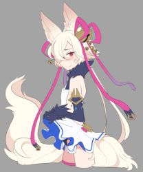 Rule 34 | 1boy, animal ears, backless outfit, bell, blush, brown eyes, crossdressing, dress, elbow gloves, erection, erune, fox ears, fox tail, gloves, granblue fantasy, hair bell, hair ornament, hair over one eye, hair ribbon, kou (granblue fantasy), long hair, male focus, mzh, off shoulder, penis, ponytail, ribbon, tail, trap, very long hair