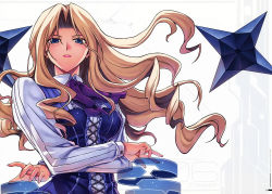 Rule 34 | 1girl, absurdres, blonde hair, blue eyes, blush, breasts, corset, dress, dress shirt, elizabeth mably, freezing (series), highres, huge filesize, kim kwang hyun, lips, long hair, long sleeves, looking at viewer, official art, parted lips, ribbon, scan, shirt, simple background, solo, weapon, white background, white shirt