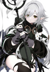 1girl, ahoge, arknights, black legwear, black sleeves, braid, cowboy shot, detached sleeves, e draw paint, gloves, green shirt, grey gloves, grey hair, highres, holding, holding staff, looking at viewer, multicolored hair, pointy ears, shirt, simple background, single braid, solo, staff, streaked hair, thighhighs, thighs, tomimi (arknights), torn clothes, torn legwear, white background, yellow eyes