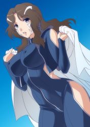 Rule 34 | 1girl, alternate costume, arm cutout, blue background, bodysuit, breasts, brown hair, clothing cutout, covered erect nipples, covered navel, gradient background, grey eyes, headgear, impossible clothes, kuroda akimi, lab coat, large breasts, leg cutout, lips, long hair, looking at viewer, mature female, parted bangs, parted lips, pilot suit, side cutout, skin tight, solo, soukyuu no fafner, synergetic suit, toomi chizuru, undressing