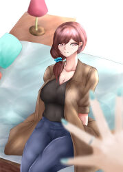 Rule 34 | 2girls, absurdres, aqua nails, bed, black shirt, breasts, brown eyes, brown hair, brown jacket, cleavage, denim, female focus, female pov, highres, higuchi madoka, idolmaster, idolmaster shiny colors, jacket, jeans, jewelry, lamp, large breasts, long hair, looking at viewer, manabesama449, matching hair/eyes, multiple girls, nightstand, on bed, pants, parted lips, pillow, pov, ring, shirt, side ponytail, sitting, smile, wedding ring, wife and wife, yuri