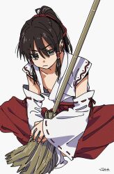 Rule 34 | 1boy, androgynous, blunt bangs, broom, brown hair, commentary, detached sleeves, ferea bimi, frown, genderswap, genderswap (ftm), hair ribbon, hair tubes, hakama, hakurei reimu, holding, holding broom, indian style, japanese clothes, kimono, open clothes, open kimono, ponytail, red hakama, red ribbon, ribbon, ribbon-trimmed sleeves, ribbon trim, sidelocks, signature, sitting, sleeveless, sleeveless kimono, solo, touhou, v-shaped eyebrows, white background, white kimono, wide sleeves, yellow eyes