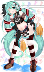Rule 34 | 1girl, absurdres, aqua eyes, aqua hair, belt, detached sleeves, fang, hatsune miku, headphones, highres, long hair, musical note, one eye closed, solo, star (symbol), striped clothes, striped thighhighs, sukage, tattoo, thighhighs, twintails, very long hair, vocaloid, wink