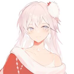 Rule 34 | 1girl, bare shoulders, capelet, closed mouth, collarbone, grey eyes, hair between eyes, highres, long hair, looking at viewer, lpip, off shoulder, original, pink hair, red capelet, simple background, smile, solo, upper body, white background
