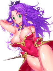 Rule 34 | 1girl, angela (seiken densetsu 3), arm behind back, arm up, armpits, blush, breasts, cleavage, closed mouth, commentary request, covered navel, crown, detached collar, earrings, elf, forehead, gem, green eyes, groin, hand in own hair, highleg, highleg leotard, highres, jewelry, large breasts, leotard, long hair, looking at viewer, onsoku inu, parted bangs, pink leotard, pointy ears, purple hair, seiken densetsu, seiken densetsu 3, skindentation, solo, staff, strapless, strapless leotard, thighs, very long hair, waist cape