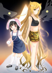Rule 34 | 2girls, :d, absurdly long hair, absurdres, animal ears, animal print, bare arms, bare shoulders, black footwear, black hair, black tank top, blonde hair, blunt bangs, breasts, closed mouth, collarbone, crop top, dragon, eastern dragon, glowing, glowing eyes, highres, inahori, kneehighs, long hair, looking at viewer, looking to the side, multiple girls, open mouth, original, overall skirt, print shorts, puffy short sleeves, puffy sleeves, purple eyes, rabbit ears, scratches, shark, shirt, shoes, short shorts, short sleeves, shorts, small breasts, smile, sneakers, socks, standing, tank top, teeth, tiger print, upper teeth only, very long hair, white legwear, white shirt, yellow eyes