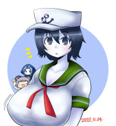 Rule 34 | 3girls, anchor symbol, animal ears, black eyes, black hair, blue hair, blue hood, blush, breasts, cleavage, closed mouth, colored skin, commentary request, cookie (touhou), dated, flour (cookie), green sailor collar, grey hair, hat, highres, hood, hood up, huge breasts, itini-sanshi, kumoi ichirin, looking at viewer, milk (cookie), mouse ears, mouse tail, multiple girls, murasa minamitsu, nazrin, notice lines, nyon (cookie), open mouth, red eyes, sailor collar, sailor hat, shirt, short hair, smile, solo focus, tail, touhou, upper body, white headwear, white shirt, white skin