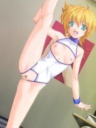 Rule 34 | 1girl, blonde hair, blush, breastless clothes, breasts, cropped legs, crotchless, fang, female focus, green eyes, looking at viewer, mikage shana, open mouth, pussy, revealing clothes, seiai gakuen fechi ka, short hair, solo, uncensored