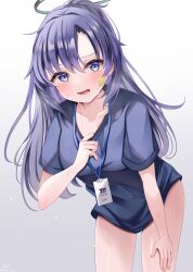Rule 34 | 1girl, blue archive, blue eyes, blush, hair between eyes, highres, long hair, looking at viewer, open mouth, pulled by self, purple hair, sakura hiyori, shiny skin, short sleeves, simple background, star sticker, sticker on face, sweat, sweatdrop, tagme, thighs, yuuka (blue archive), yuuka (track) (blue archive)