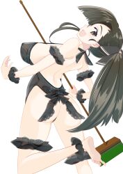 Rule 34 | 1girl, absurdres, alternate hairstyle, ankle scrunchie, arched back, arm scrunchie, ass, asymmetrical bangs, backless swimsuit, barefoot, black eyes, black hair, black one-piece swimsuit, black ribbon, black scrunchie, breasts, bridal garter, broom, commentary, from behind, girls und panzer, hair ribbon, hair up, halterneck, highres, holding, holding broom, large breasts, leg up, lingerie, long hair, looking at viewer, looking back, nishi kinuyo, one-piece swimsuit, open mouth, ribbon, scrunchie, smile, solo, standing, standing on one leg, swimsuit, thong, underwear, whitemaiden, wrist scrunchie