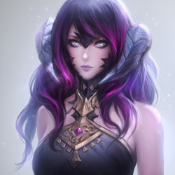 Rule 34 | 1girl, au ra, warrior of light (ff14), bare shoulders, black dress, breasts, chaosringen, closed mouth, commentary, commission, curled horns, dress, final fantasy, final fantasy xiv, grey background, highres, horns, jewelry, large breasts, lipstick, long hair, looking at viewer, makeup, purple eyes, purple hair, purple lips, scales, simple background, solo, upper body